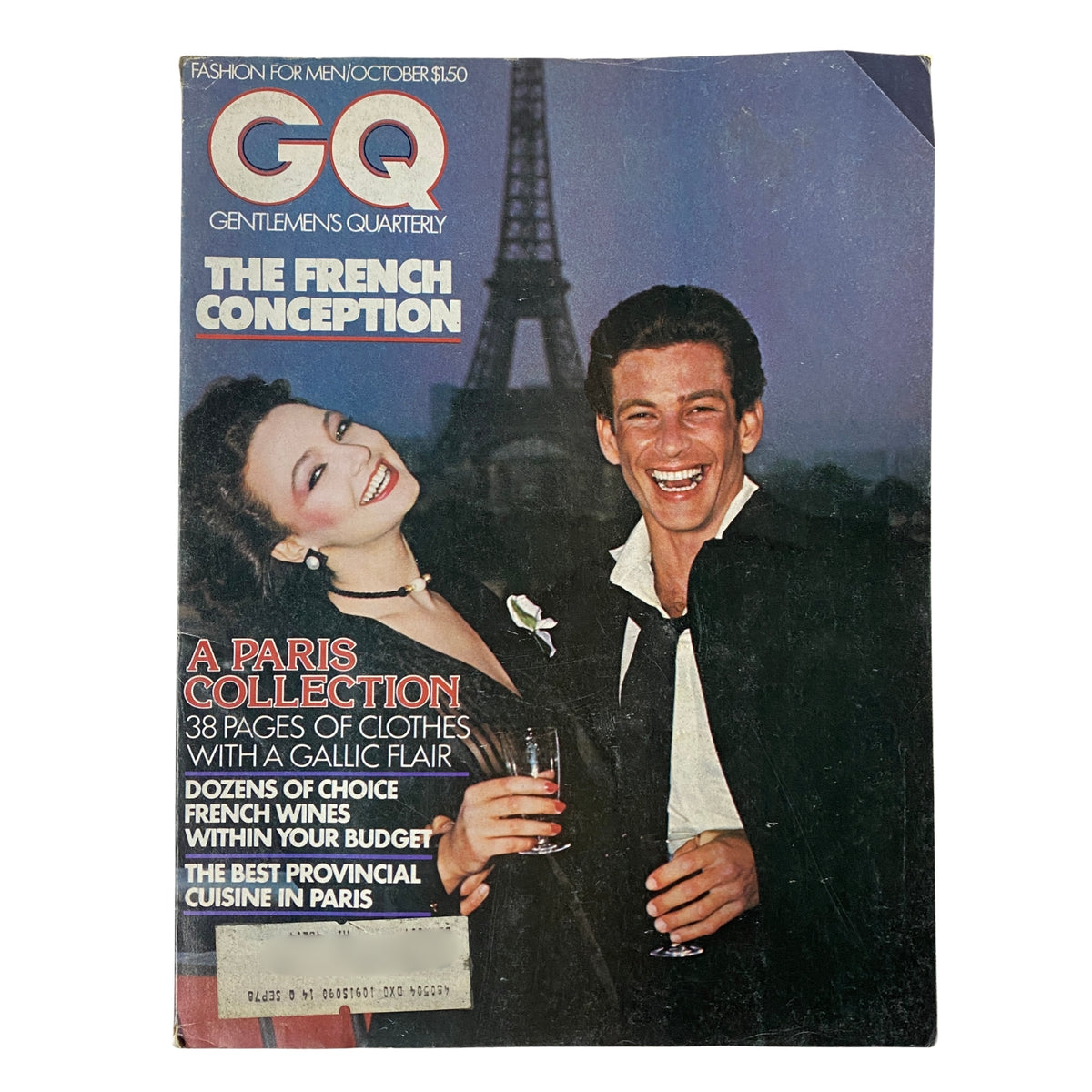 Cover of GQ Magazine October 1975 featuring Nina Gaidarova and Paul Palmero with the Eiffel Tower in the background, showcasing a sophisticated French fashion theme.