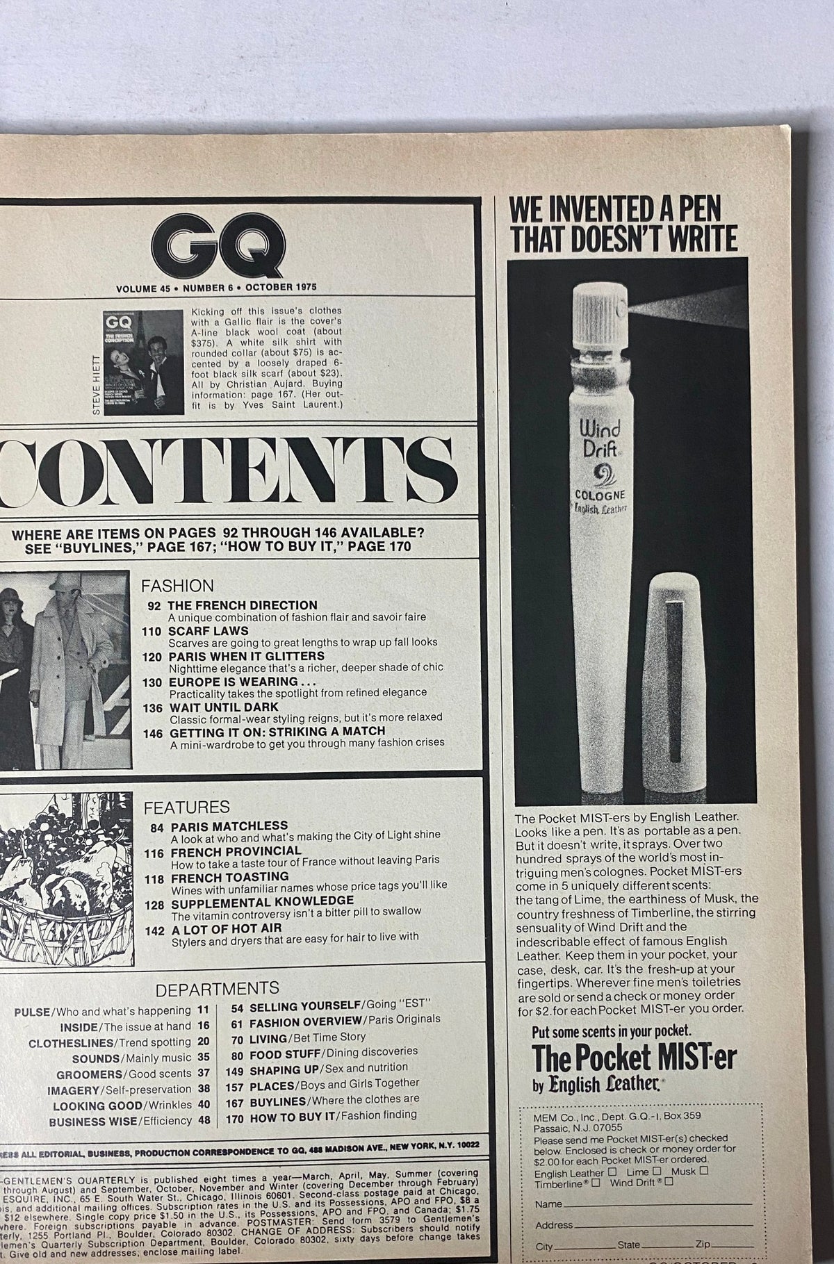 Contents page of GQ Magazine October 1975, highlighting article titles and features including 'The French Direction' and 'Paris When It Glitters'.