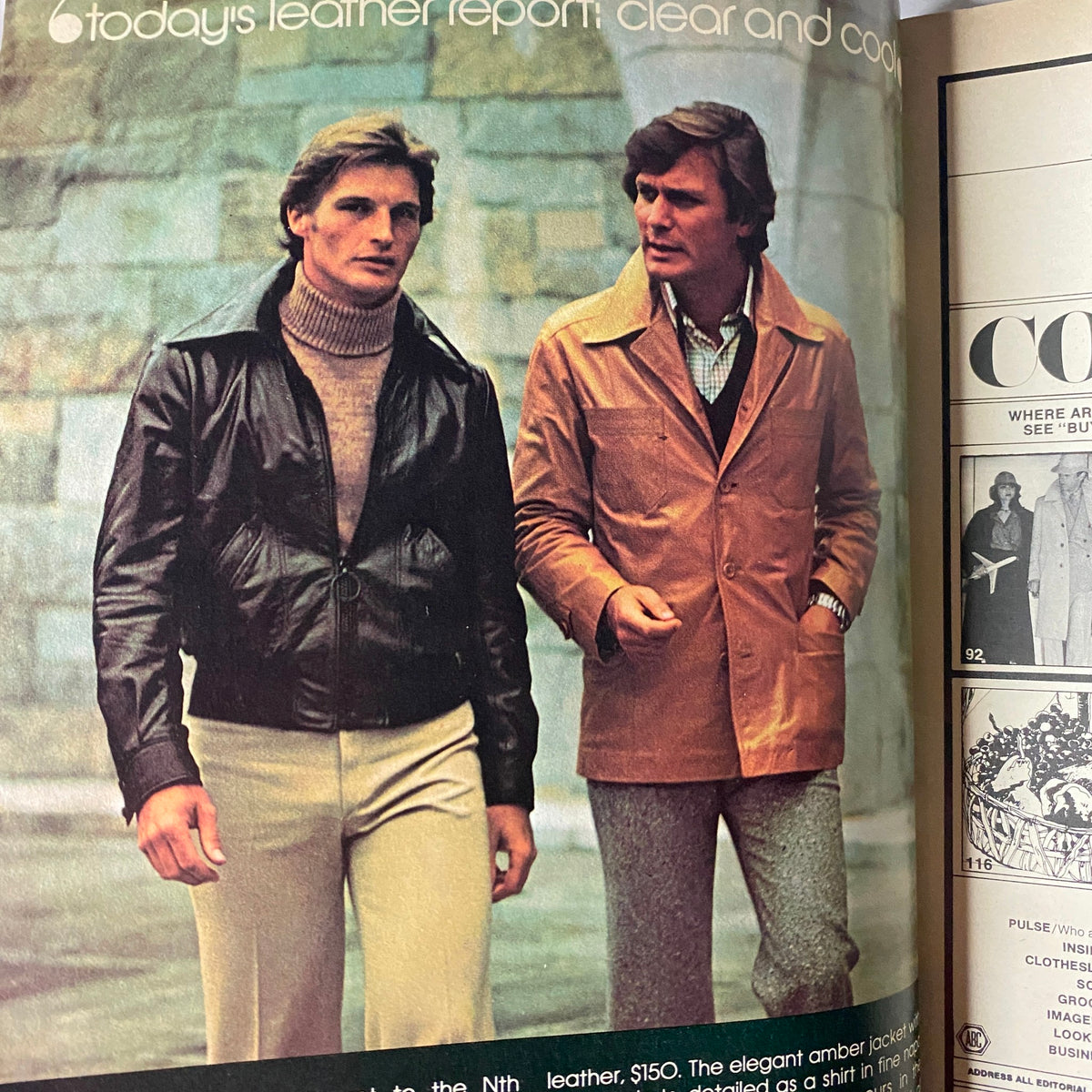 Fashion spread from GQ Magazine October 1975 featuring models in stylish leather jackets and turtlenecks, representing the era's fashion trends for men.