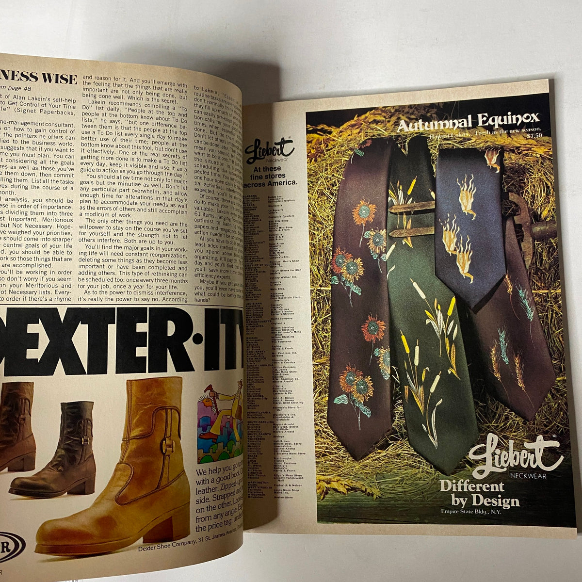 Advertisement page from GQ Magazine October 1975 for Liebert ties, showcasing unique designs and styles in a vintage magazine layout.