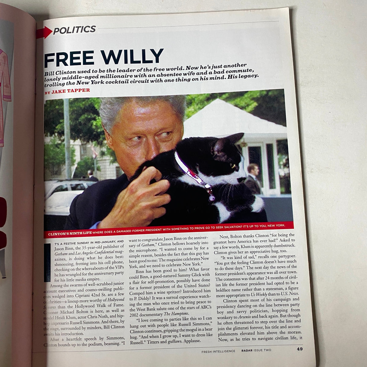 Article page from Radar Magazine Summer 2003 titled 'Free Willy', featuring Bill Clinton with a cat, delving into his post-presidency relevance.