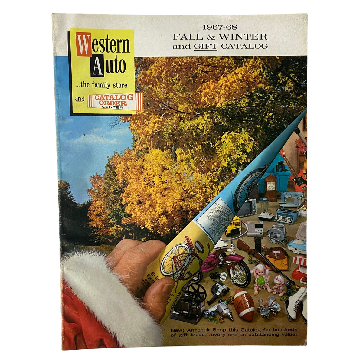 Cover of the 1967-1968 Western Auto The Family Store Fall & Winter Catalog showcasing a colorful autumn scene with a hand holding a catalog page featuring various gift items.
