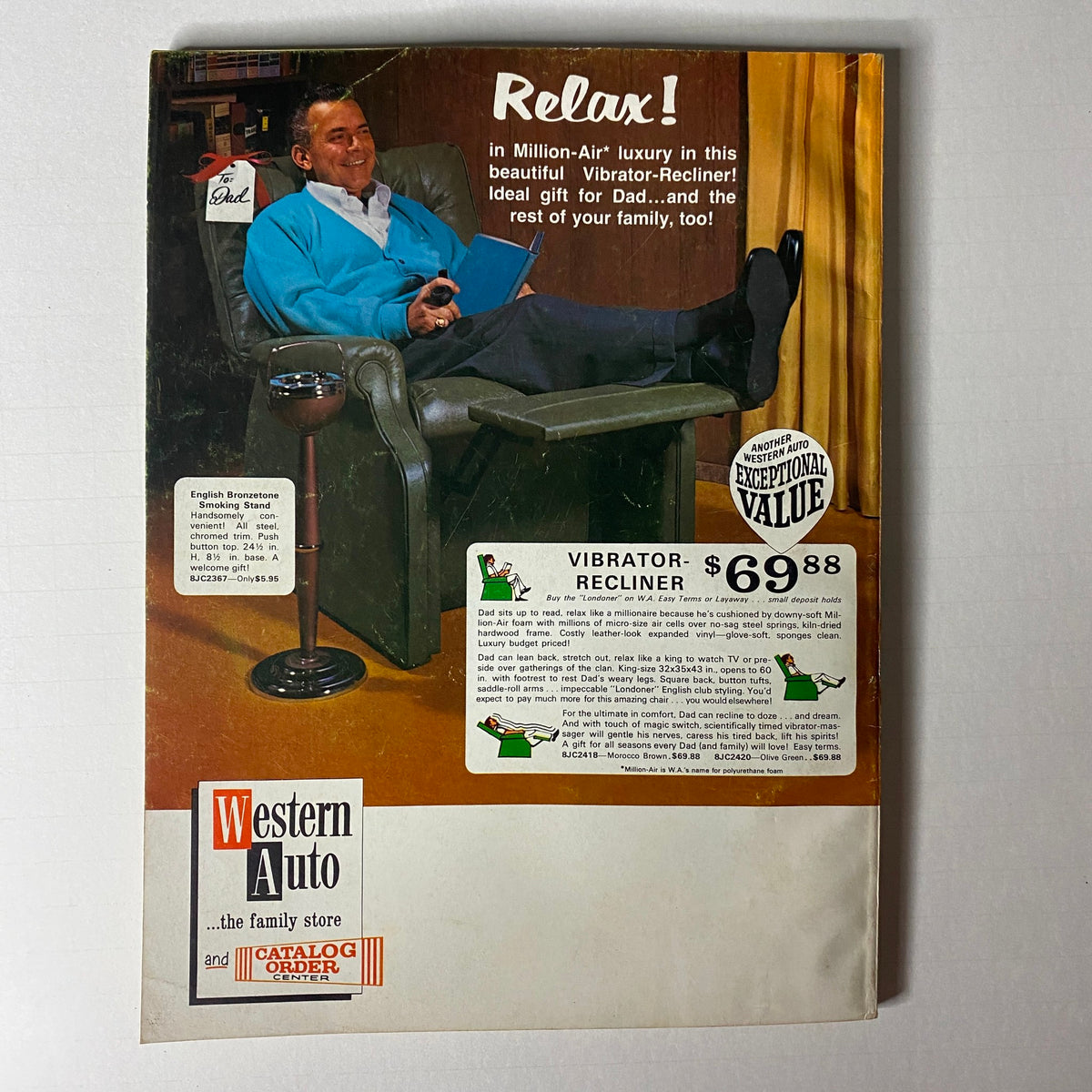 Cover of the 1967-1968 Western Auto The Family Store Fall & Winter Catalog featuring a man relaxing in a chair with a recliner, promoting the Vibrator Recliner priced at $69.88, showcasing mid-century design and family-oriented products.