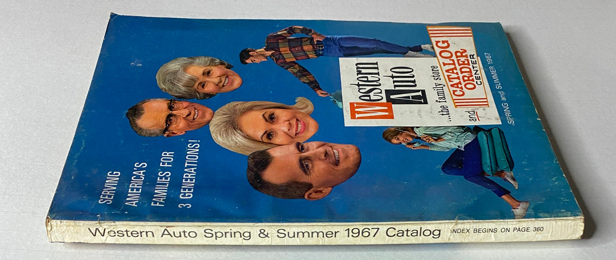 Side view of the 1967 Western Auto The Family Store Spring and Summer Catalog displaying the title and a vibrant family-friendly cover with images of diverse individuals engaged in family activities.
