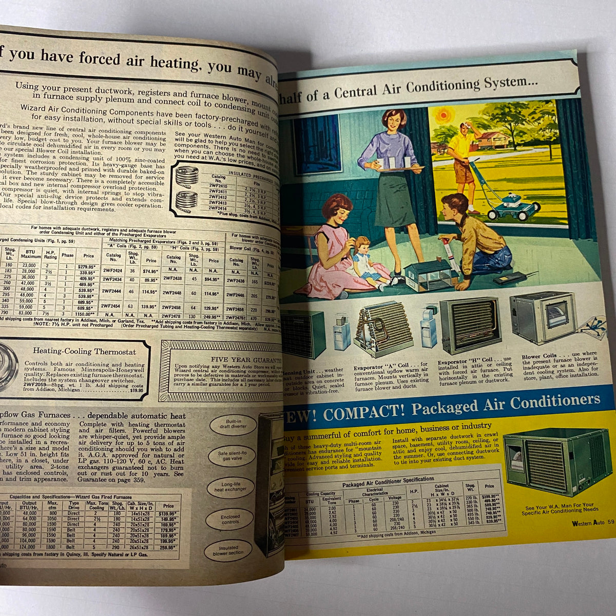 Interior page of the 1967 Western Auto The Family Store Spring and Summer Catalog, showcasing a promotion for central air conditioning systems with illustrations of products and family use cases.