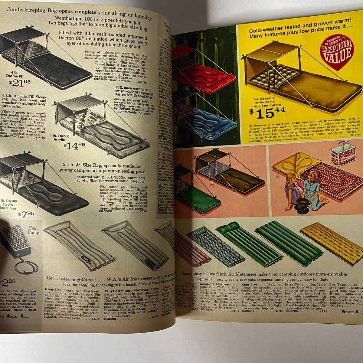 1967 Western Auto The Family Store Spring and Summer Catalog illustrating a variety of sleeping bags with detailed descriptions and price options.