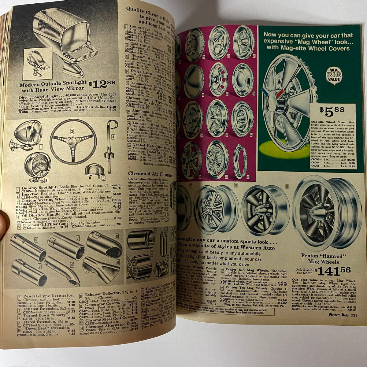 1967 Western Auto The Family Store Spring and Summer Catalog featuring quality automotive accessories, including modern spotlight and custom sports wheels, highlighting budget-friendly options for car enthusiasts.