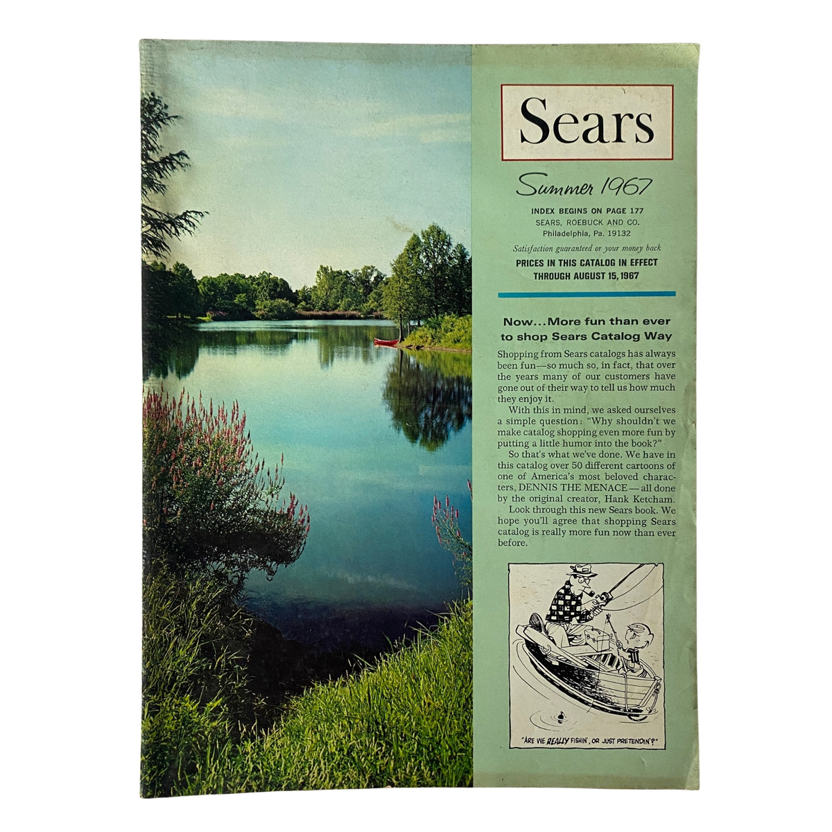 1967 Sears Summer Catalog cover featuring a serene landscape scene with a lake and trees. The catalog highlights its title and information about shopping through Sears.