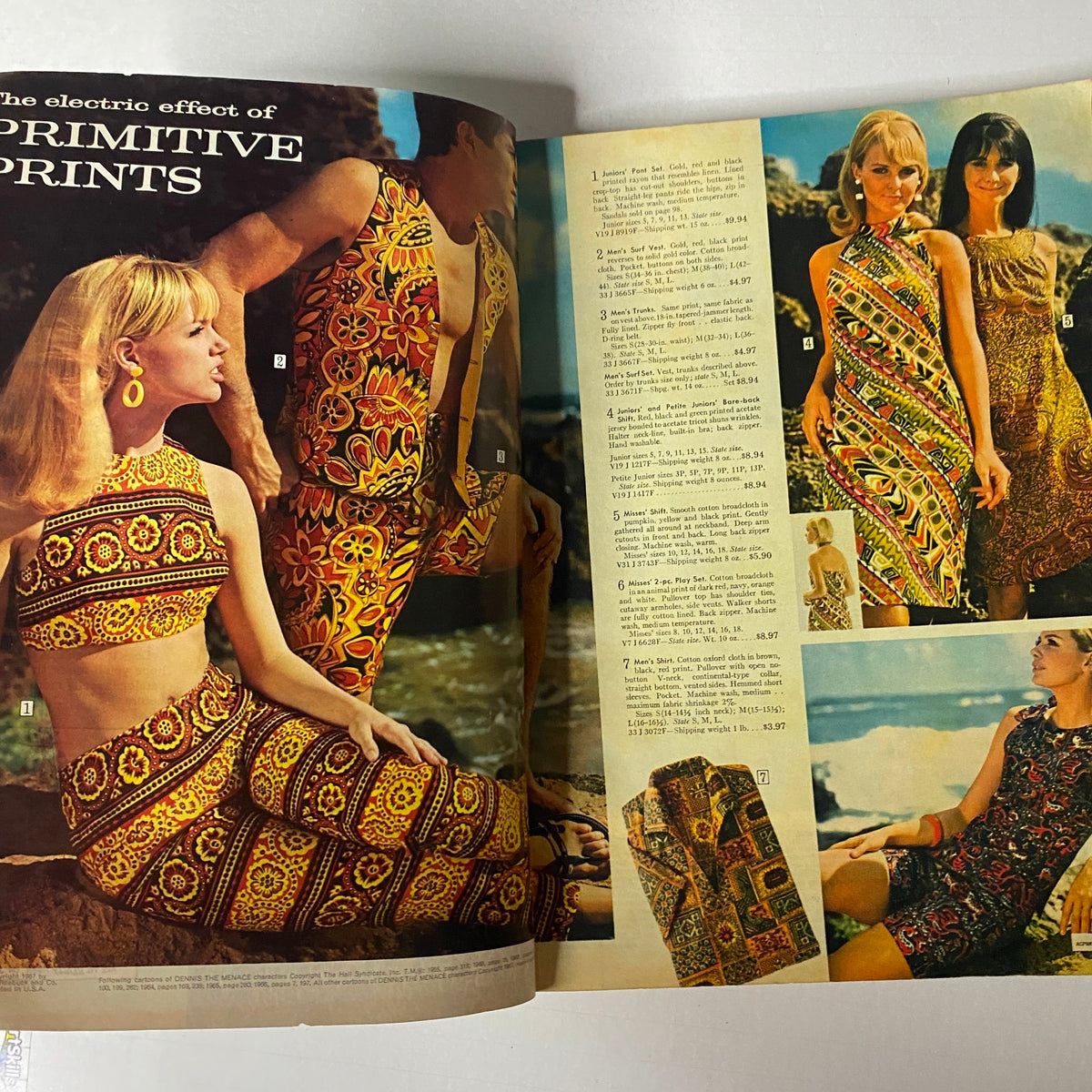 1967 Sears Summer Catalog featuring a fashion spread titled 'The Electric Effect of Primitive Prints' showcasing models in vibrant tribal-inspired patterns and trendy outfits perfect for summer.