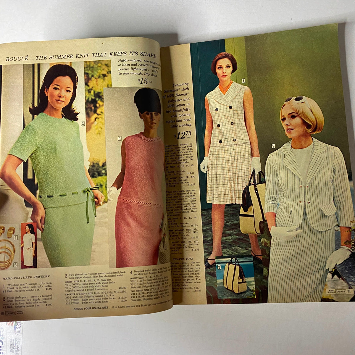 1967 Sears Summer Catalog showcasing a fashion spread with women dressed in textured summer dresses, highlighting popular clothing styles from the 1960s.