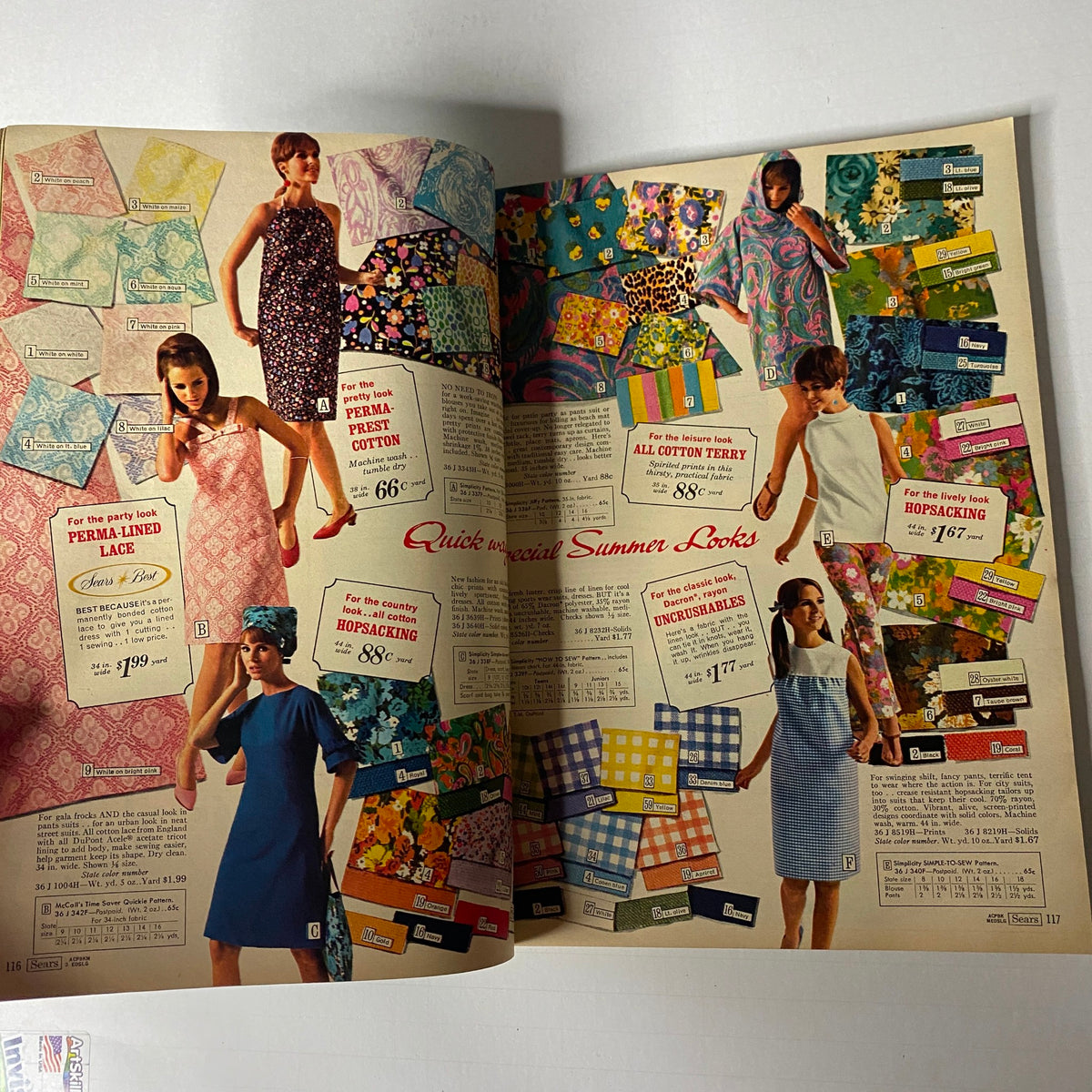 1967 Sears Summer Catalog displaying a variety of summer fashion looks with bold patterns and colors, illustrating the eclectic and lively styles popular in the 1960s.