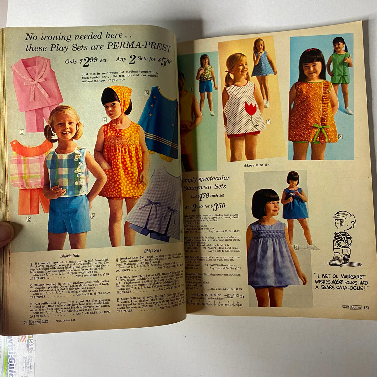 1967 Sears Summer Catalog displaying children's play sets with no-iron, colorful designs including shorts, dresses, and sets for girls.