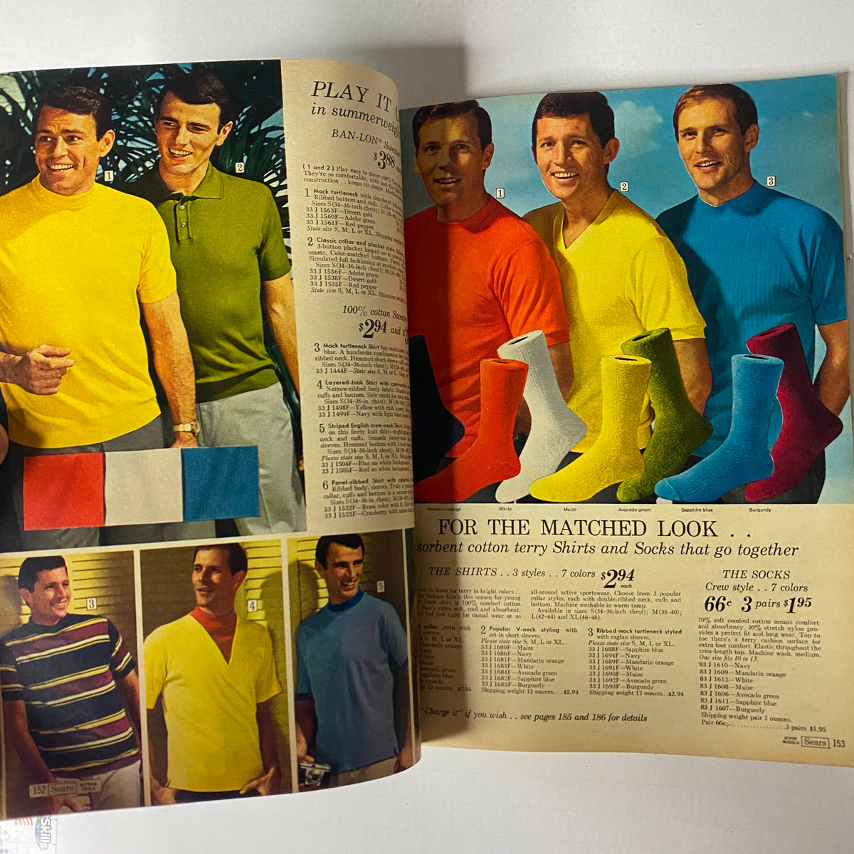 1967 Sears Summer Catalog featuring matched outfit options for men, including colorful shirts and socks, emphasizing summer fashion.