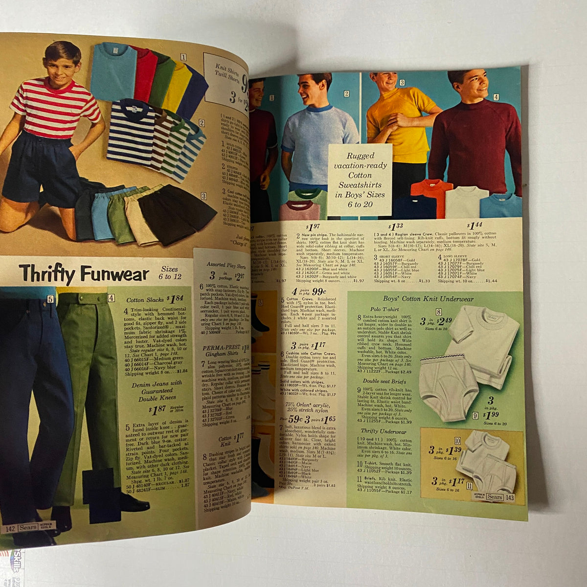 1967 Sears Summer Catalog displaying Thrifty Funwear, featuring casual clothing items like t-shirts and shorts for boys in diverse colors.