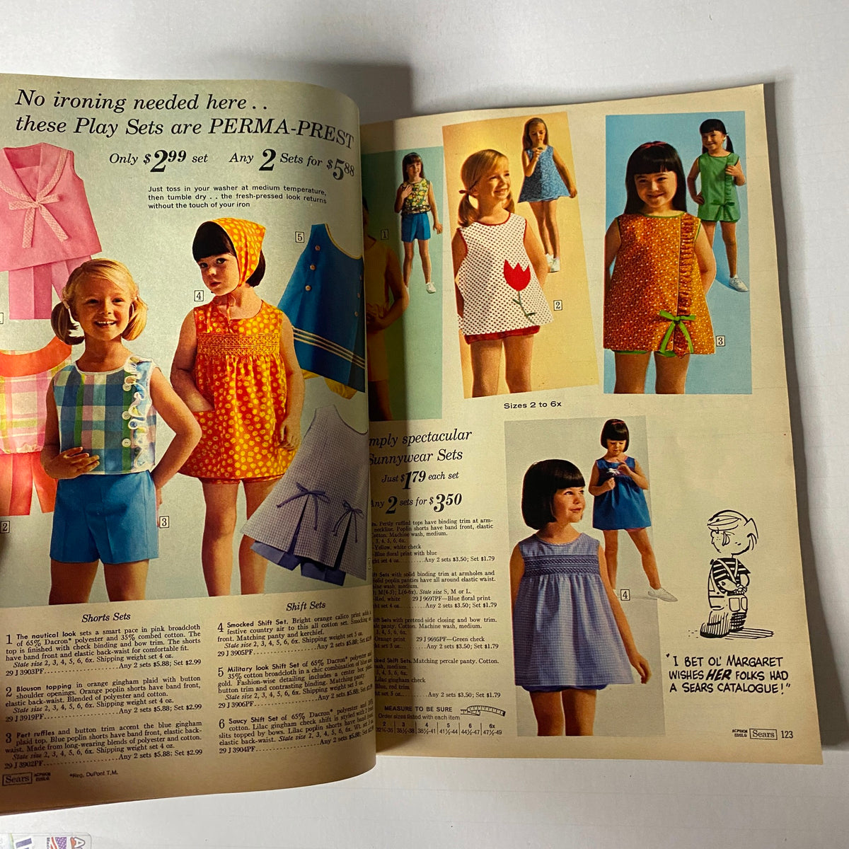 1967 Sears Summer Catalog showcasing vibrant children’s swimwear and play sets, featuring colorful styles including shorts, sleeveless dresses, and playful motifs.