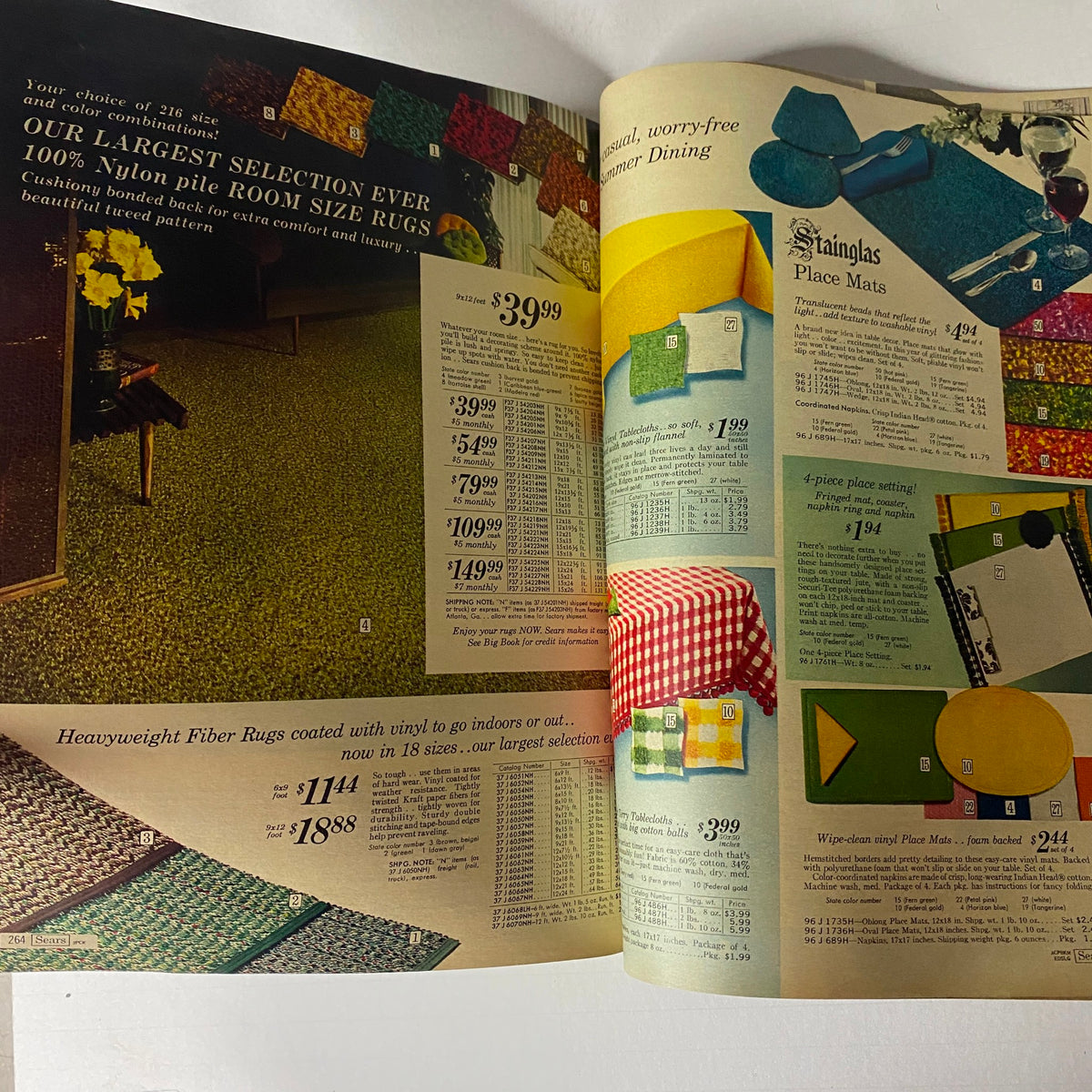 1967 Sears Summer Catalog featuring a selection of room size rugs and dining accessories, highlighted by colorful patterns and home decor details.