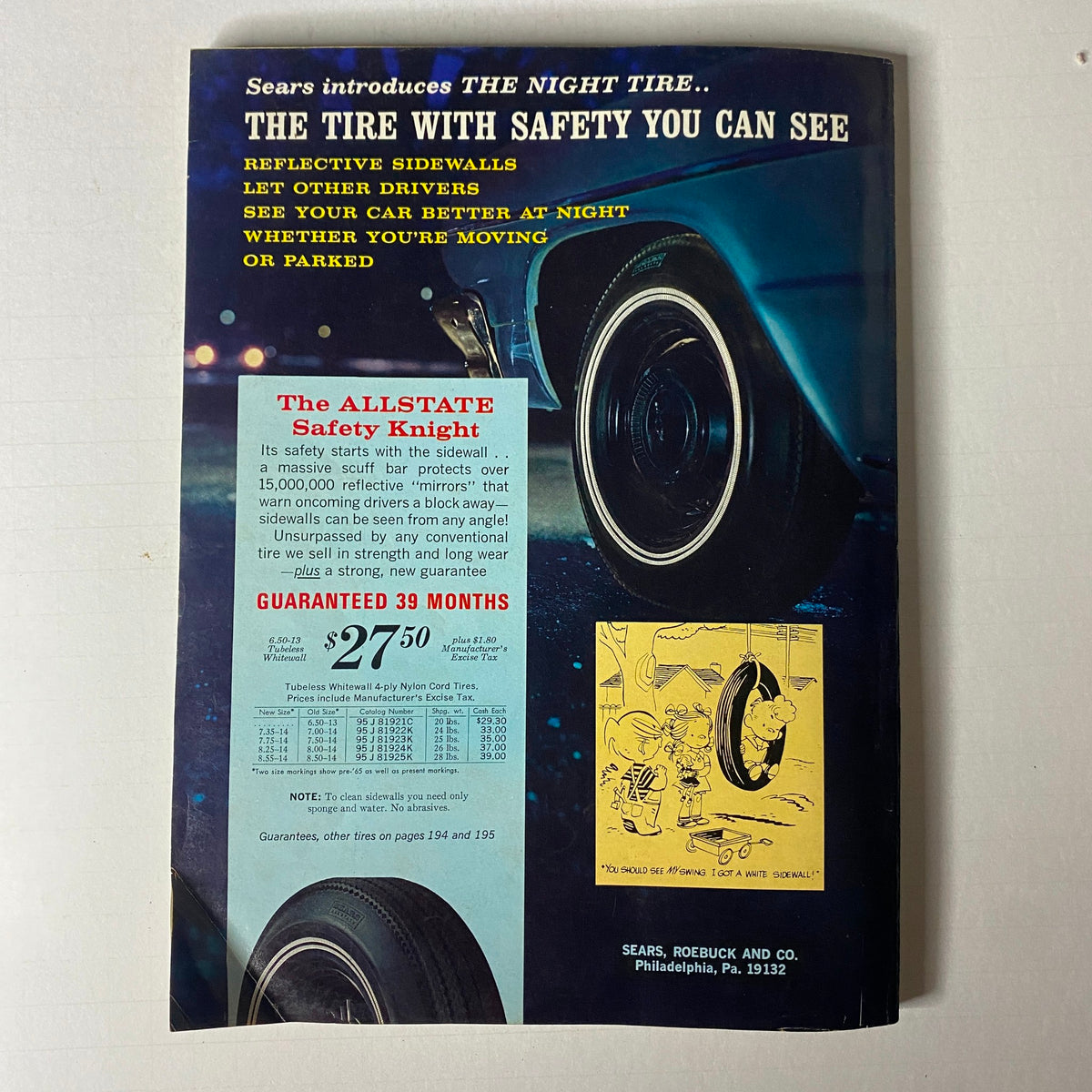 1967 Sears Summer Catalog introducing the Allstate Safety Knight tire, emphasizing reflective sidewalls and safety features for drivers.