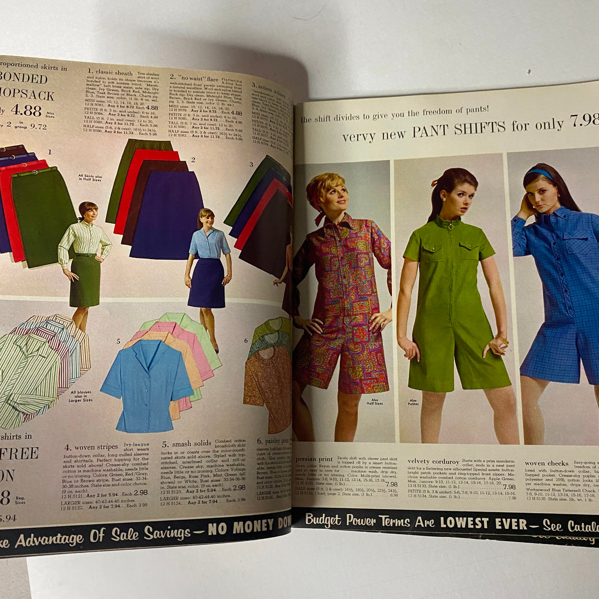 Inside spread of the 1967 Spiegel Price Leadership Sale Catalog displaying an array of fashionable dresses and color options for women's apparel, promoting sale savings.