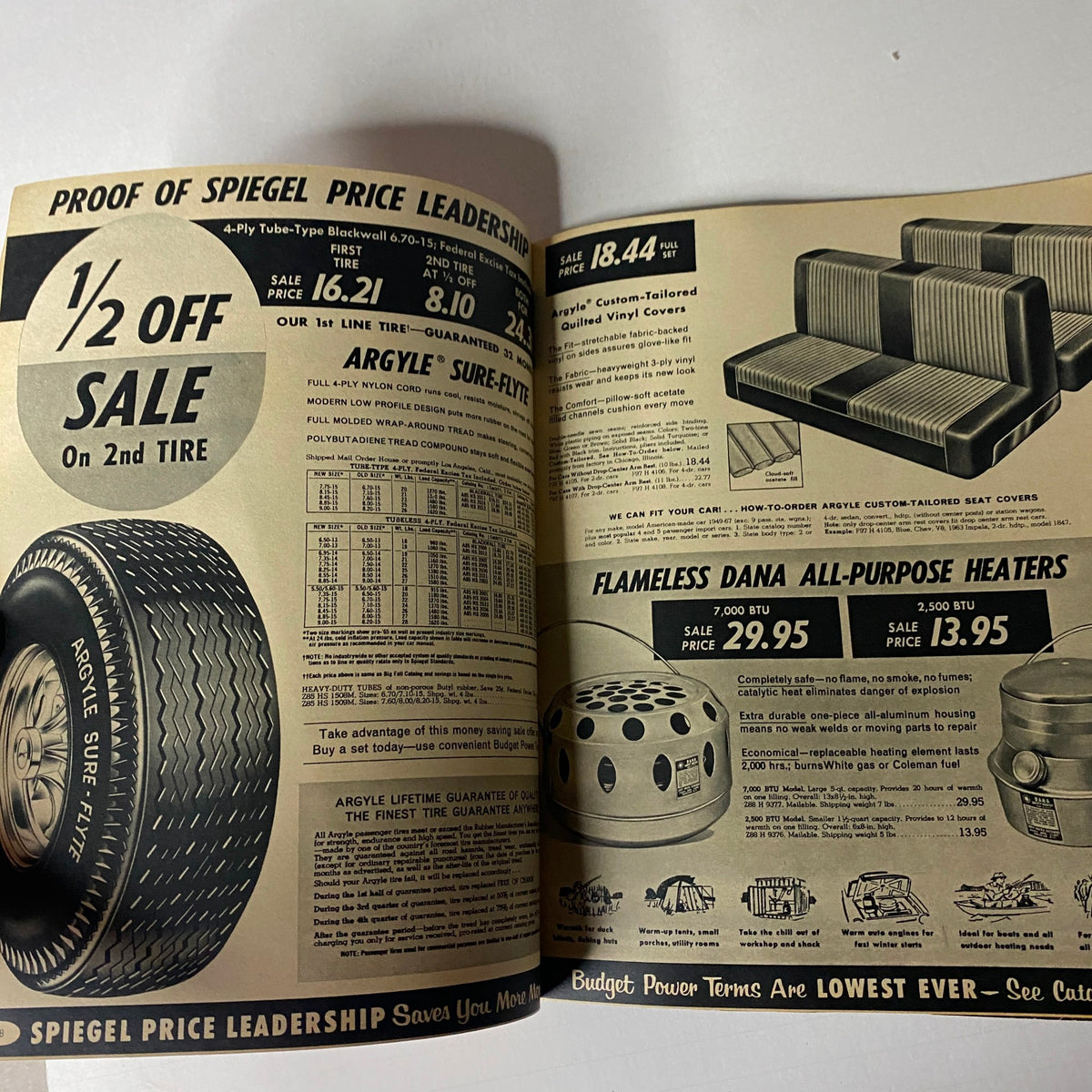 1967 Spiegel Price Leadership Sale Catalog showcasing tire sales and a variety of budget-friendly home heating options, with promotional pricing highlighted.
