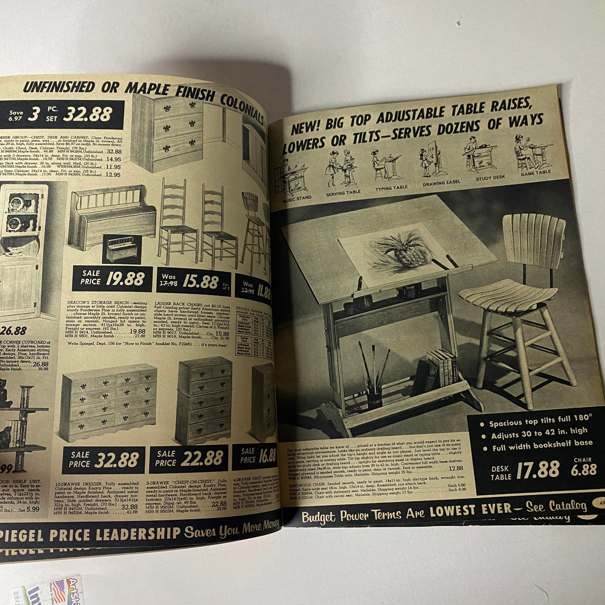 1967 Spiegel Price Leadership Sale Catalog featuring unfinished and maple finish colonial furniture with adjustable table raises, showcasing affordable prices.