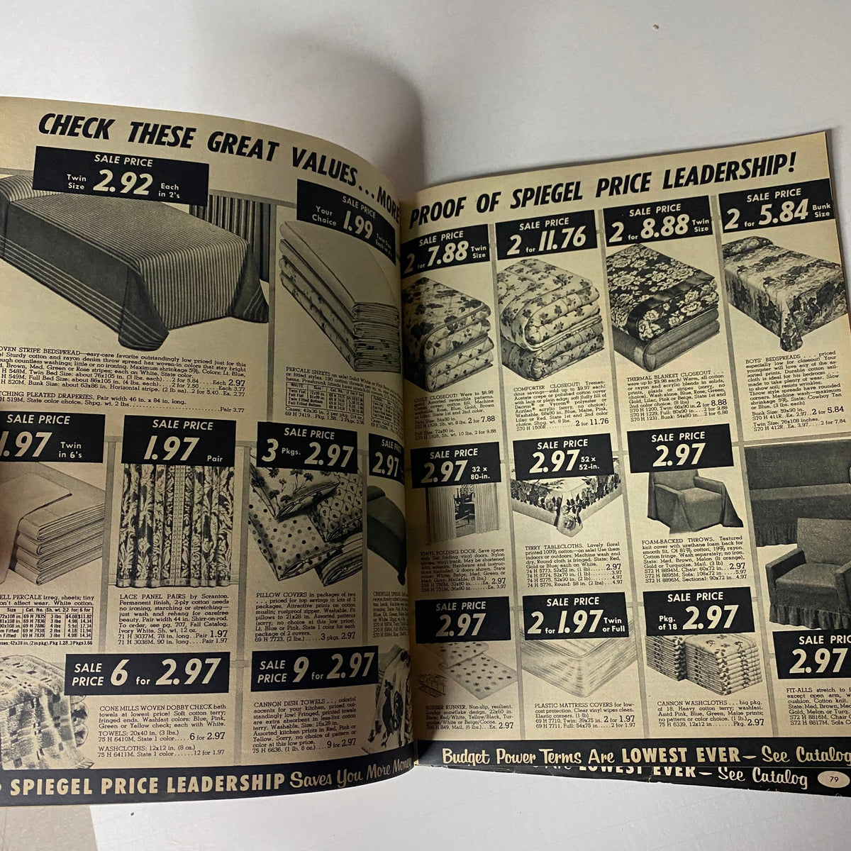 1967 Spiegel Price Leadership Sale Catalog displaying bedding options and proof of Spiegel Price Leadership, featuring various sale prices on housewares.
