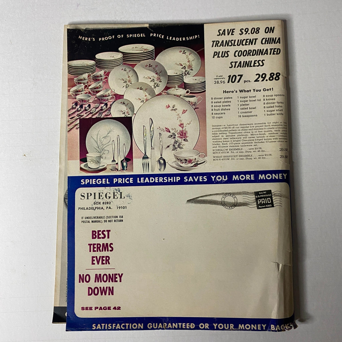 1967 Spiegel Price Leadership Sale Catalog with a focus on china and stainless steel offers, highlighting significant savings and promotional messages.