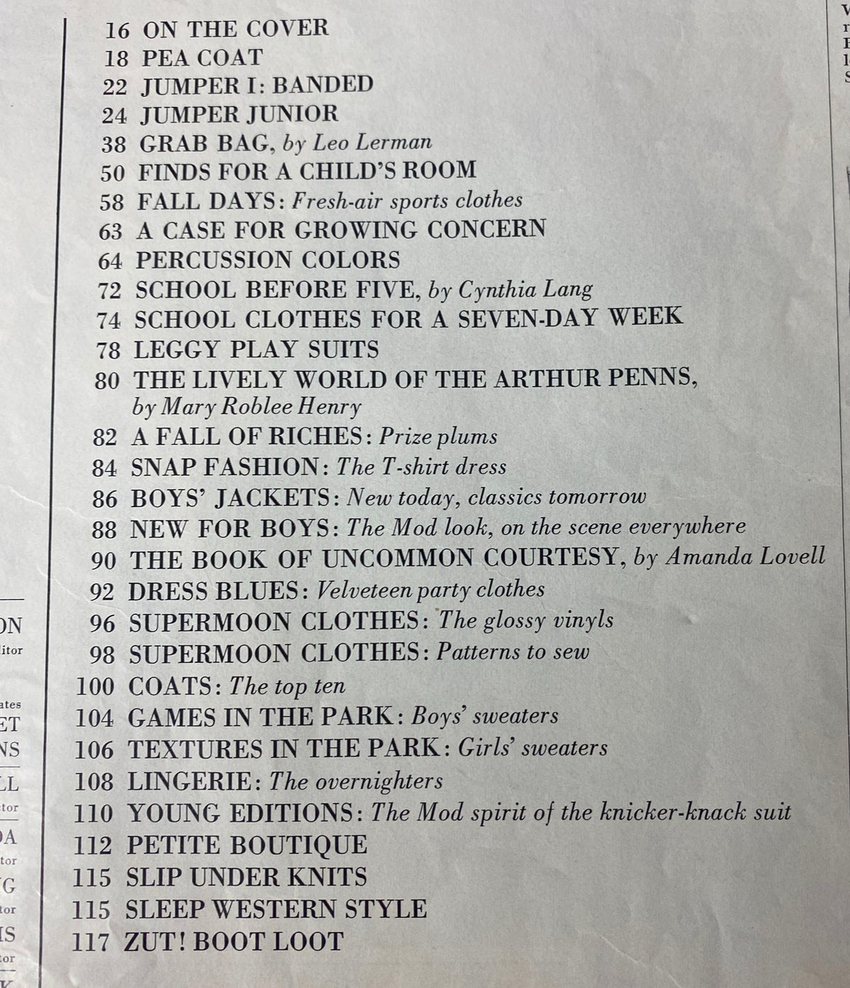 Inside page of the 1966 Vogue Children Fall Catalog listing various fashion sections including children’s fashion themes and trends.