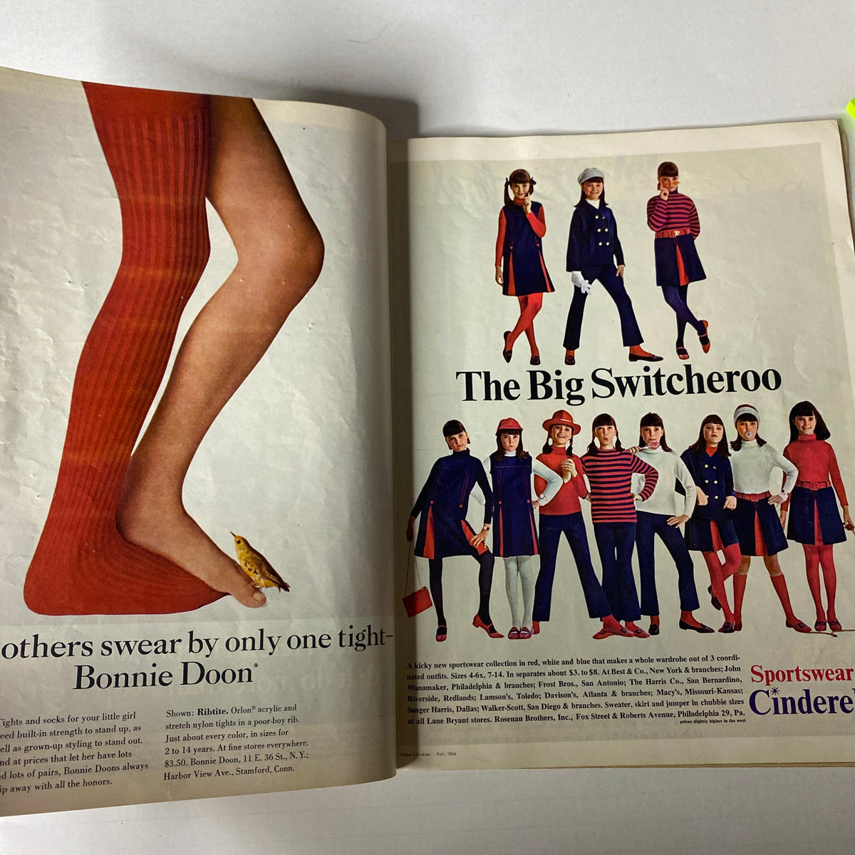Fashion feature in the 1966 Vogue Children Fall Catalog showcasing sportswear trends with a diverse group of children in playful attire.