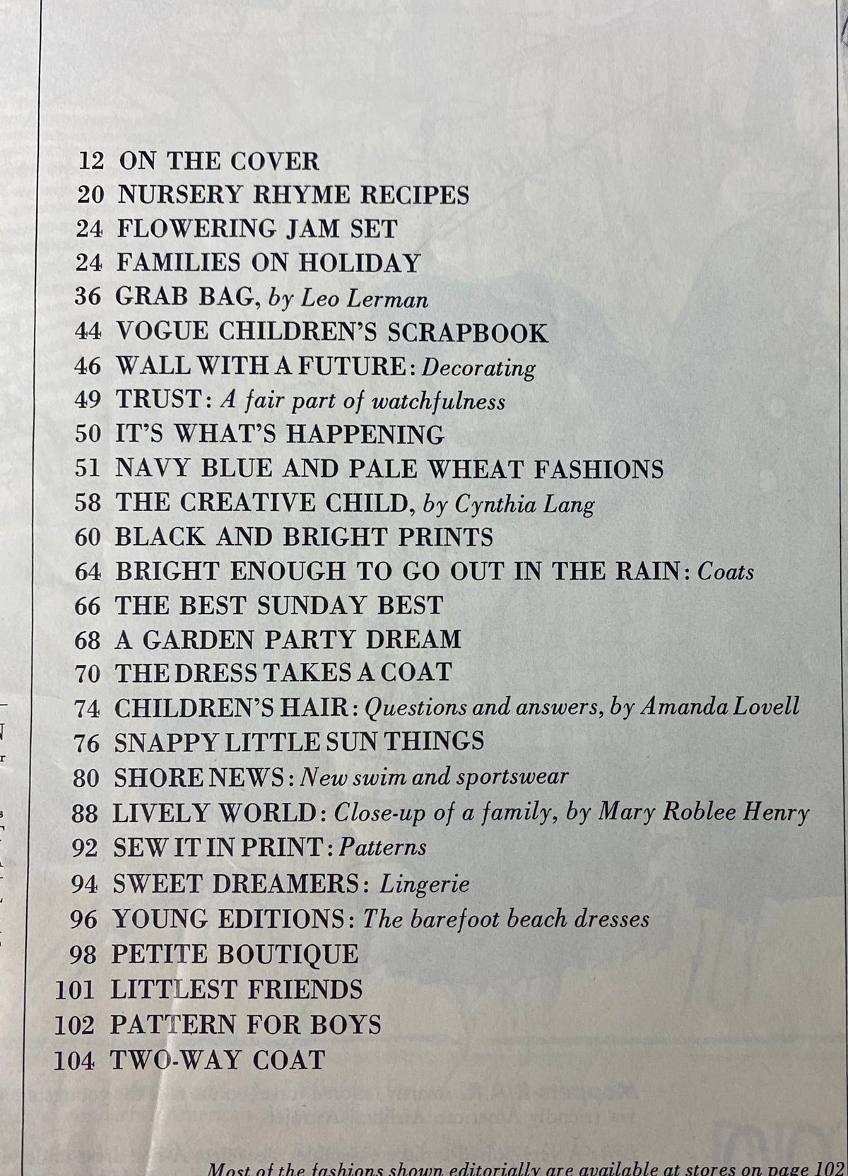 Table of contents page from the 1966 Vogue Children Spring and Summer Catalog listing various articles and features related to children's fashion, creative projects, and parenting tips.