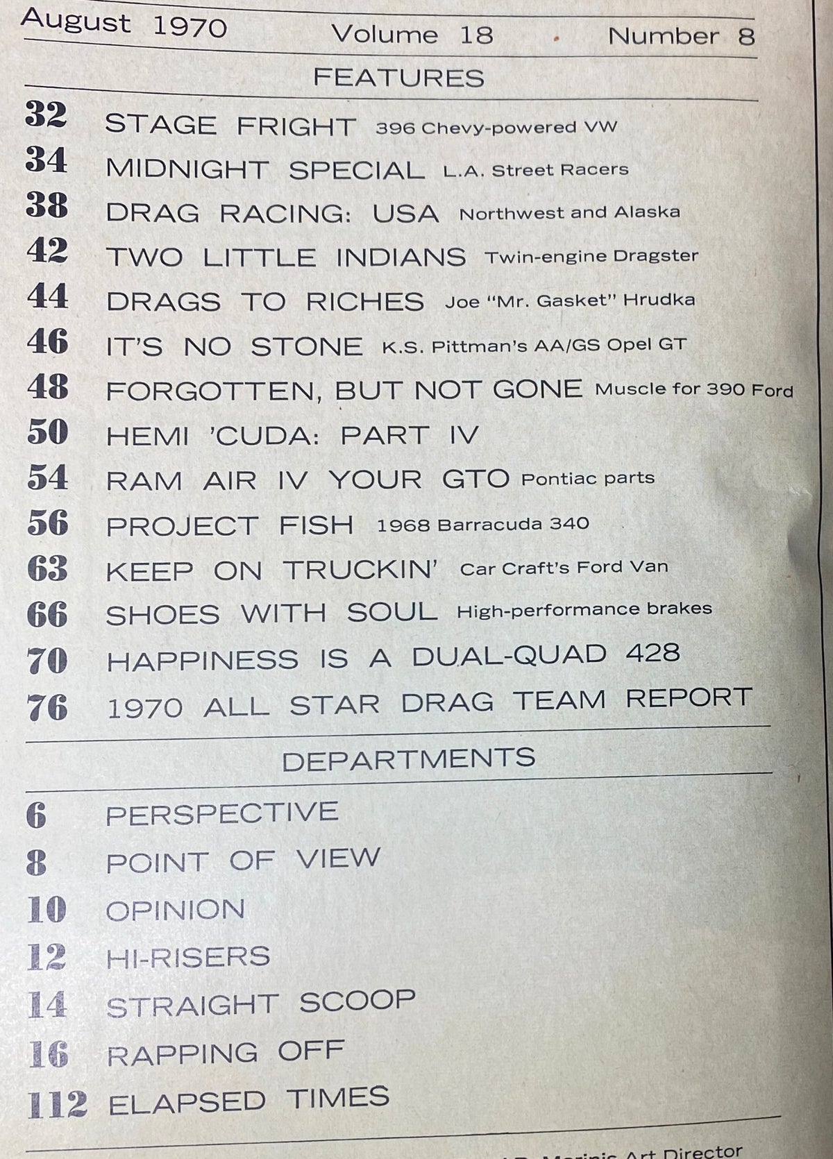 Contents page of Car Craft Magazine August 1970, Volume 18, Number 8, highlighting features like 'Drags to Riches' and 'Midnight Special'.