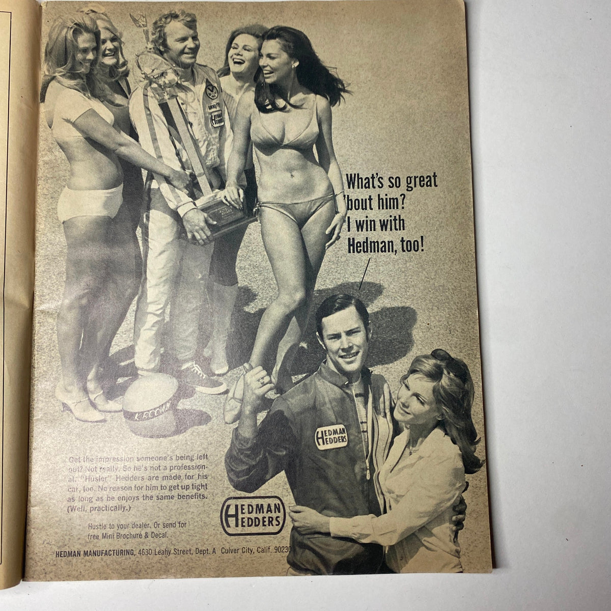 Vintage advertisement from Car Craft Magazine August 1970, featuring a racing-themed photo with models and showcasing Hedman headers.