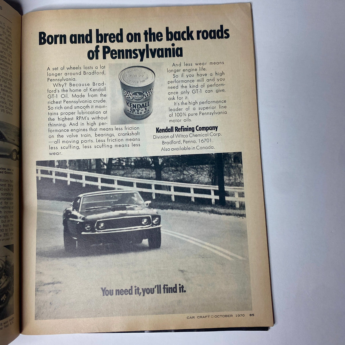 Page from Car Craft Magazine October 1970 featuring an article on Kendall Motor Oil and its benefits, highlighting a classic car driving on the back roads of Pennsylvania.