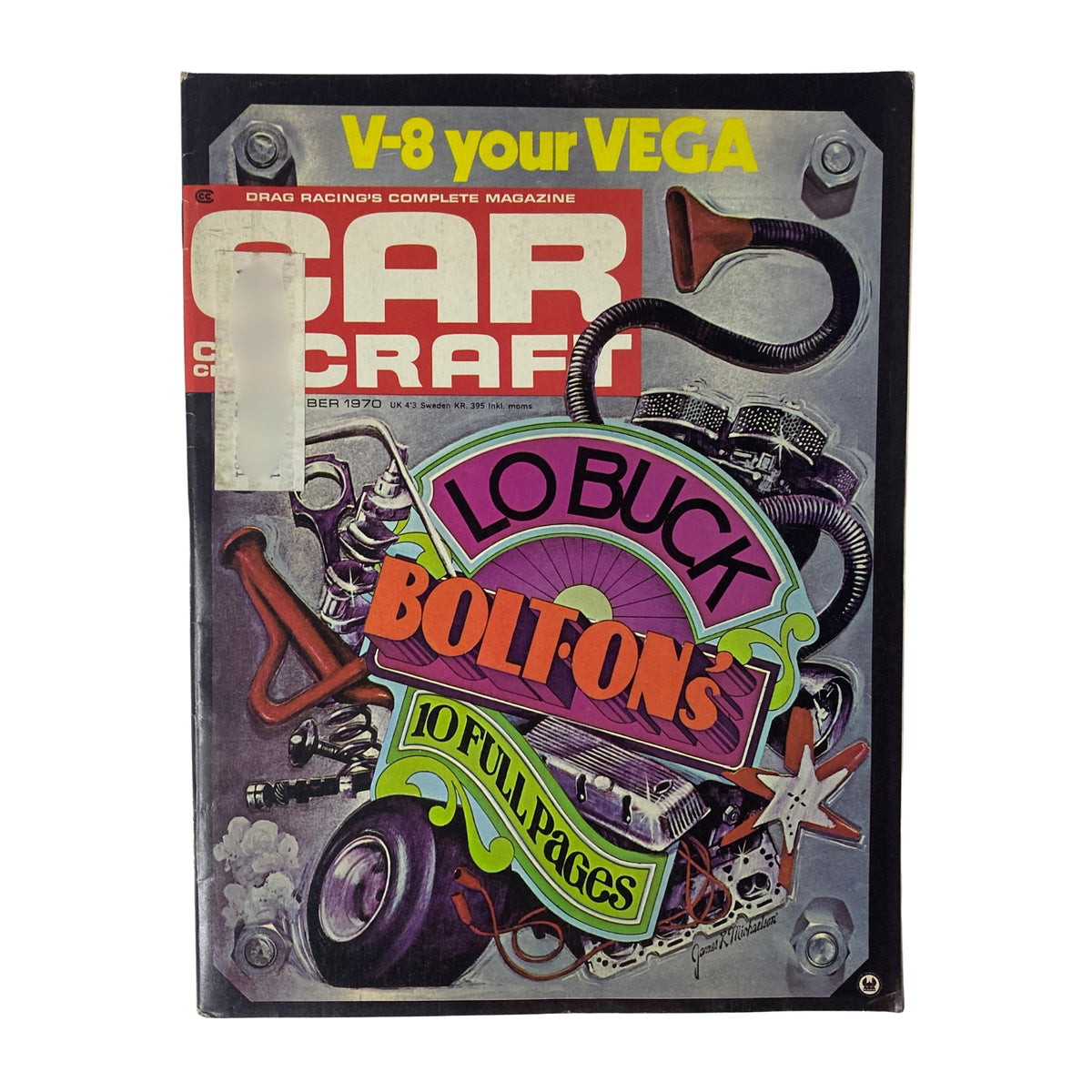 Cover of Car Craft Magazine December 1970 featuring the title 'V-8 your VEGA' and showcasing 'Low Buck Bolt-Ons' with a colorful design, ideal for car enthusiasts.