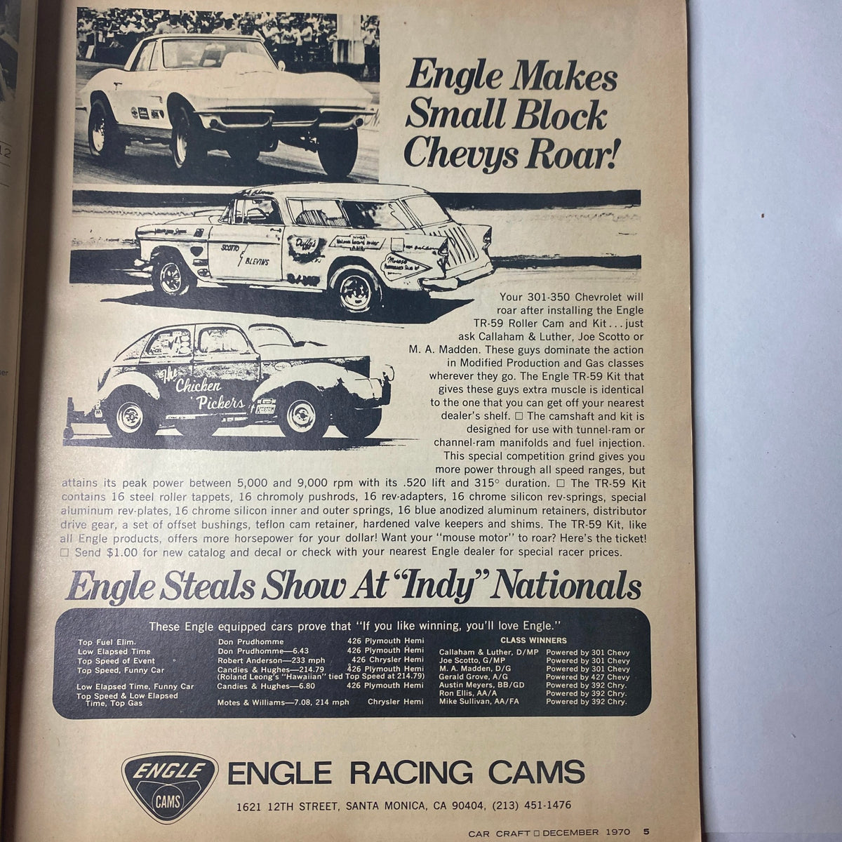 Advertisement page from Car Craft Magazine December 1970 for Engle Racing Cams, promoting performance parts for small block Chevys, appealing to car modification enthusiasts.