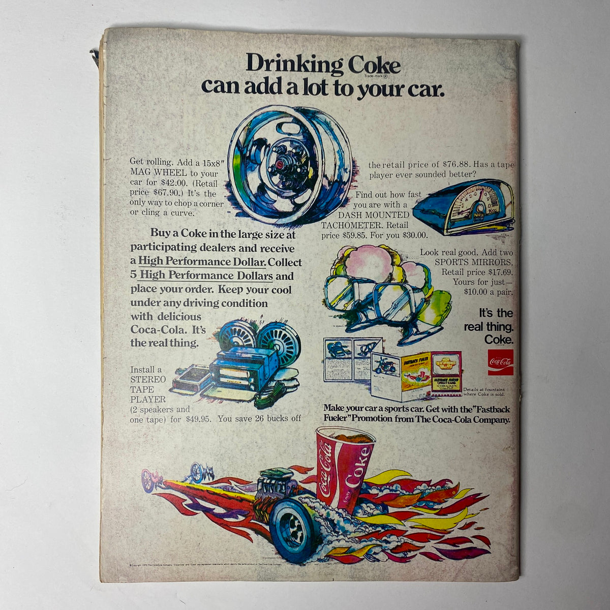 Back cover of Car Craft Magazine July 1970 Vol 18 No. 7 promoting Coca-Cola products for auto enthusiasts, illustrating how beverages can enhance the drag racing experience.
