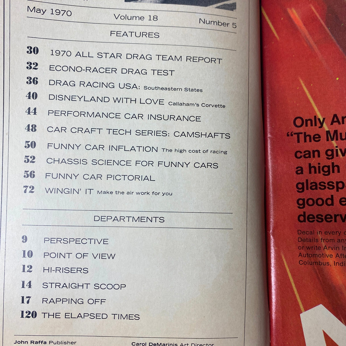 Contents page of Car Craft Magazine, May 1970, Volume 18, No. 5. Features include topics such as 1970 All Star Drag Team Report, Performance Car Insurance, and the Car Craft Tech Series on Camshafts.