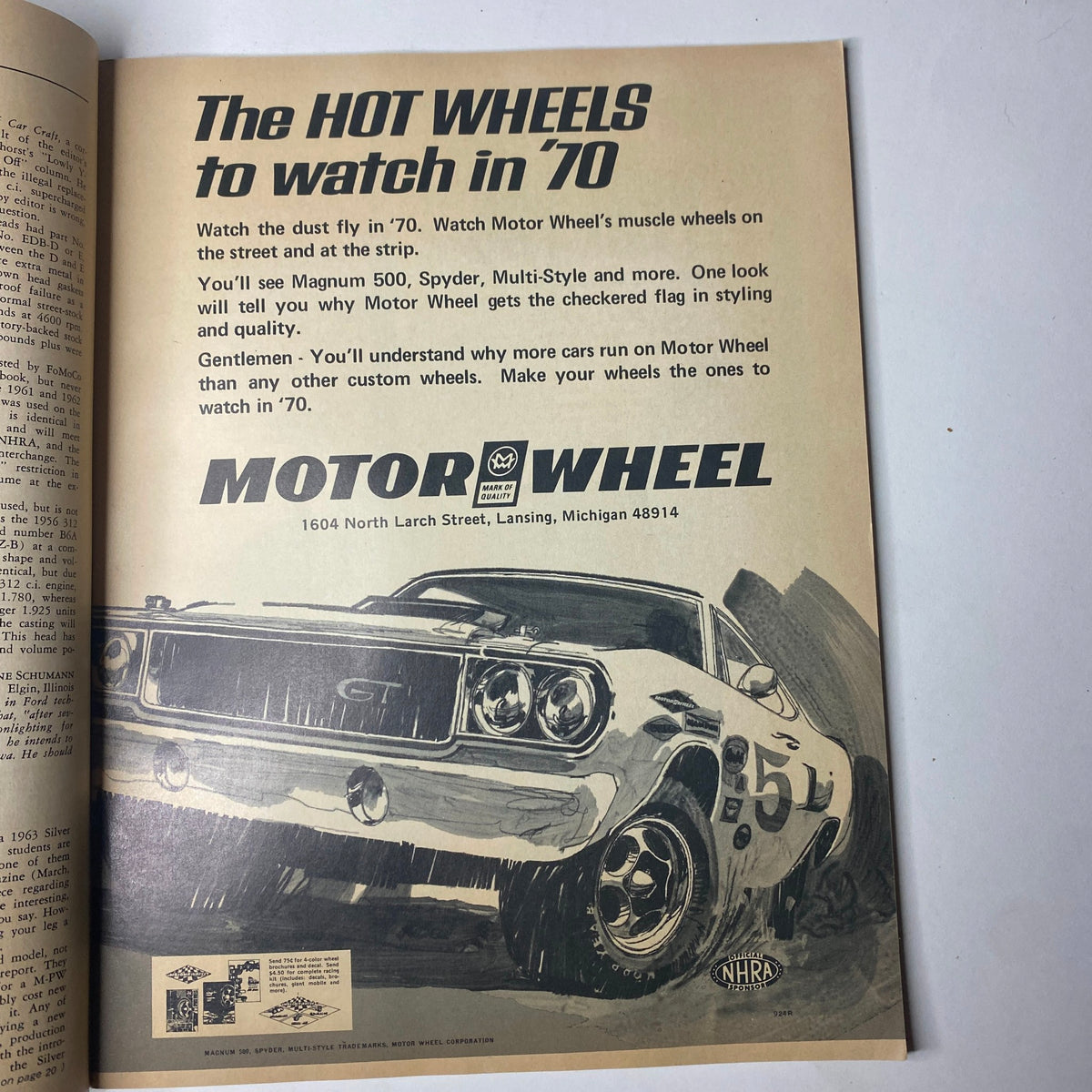 Advertisement in Car Craft Magazine, May 1970, Volume 18, No. 5 for Motor Wheel showcasing cars of 1970 with a focus on customization and racing performance.