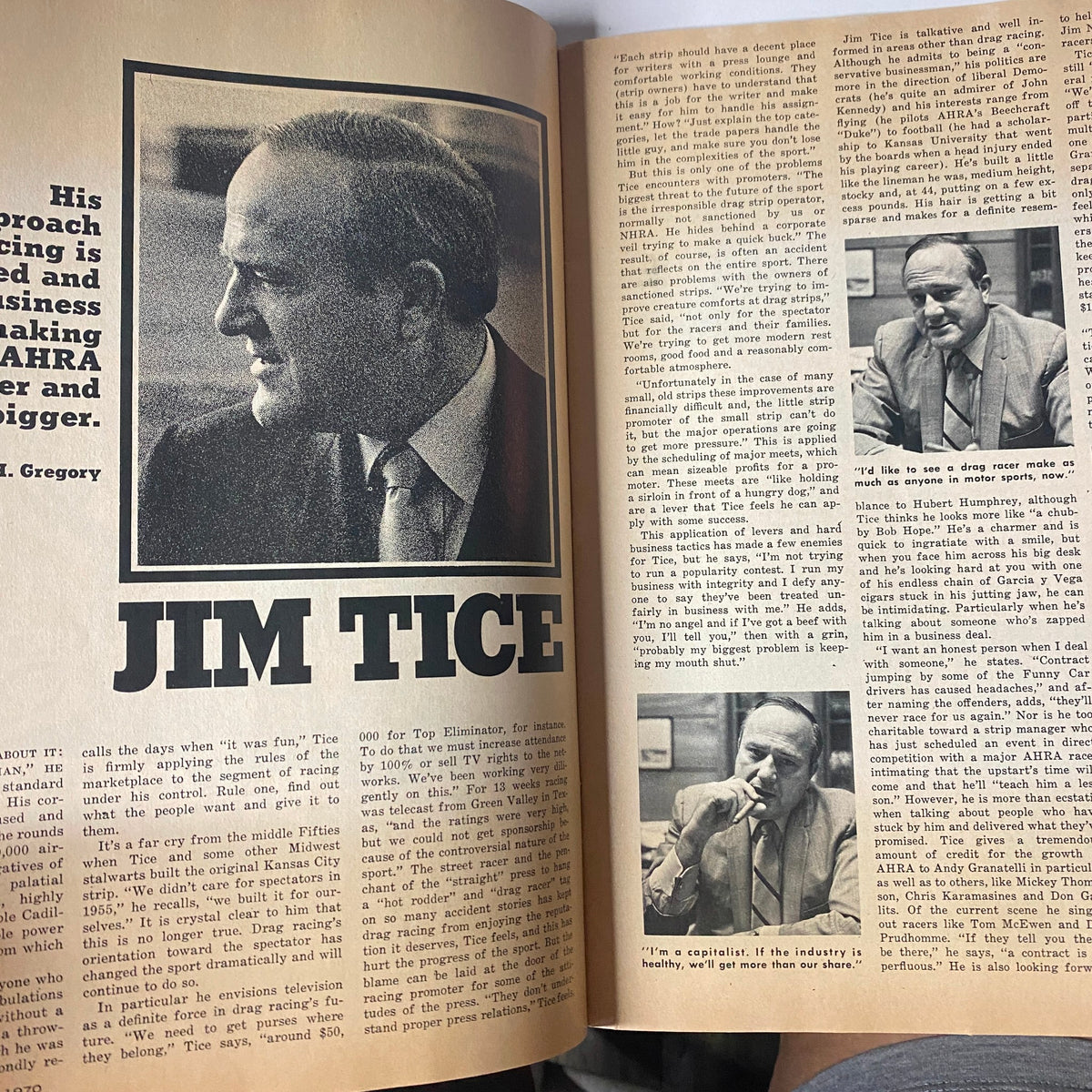Profile feature of Jim Tice from Car Craft Magazine March 1970, discussing his contributions to drag racing.