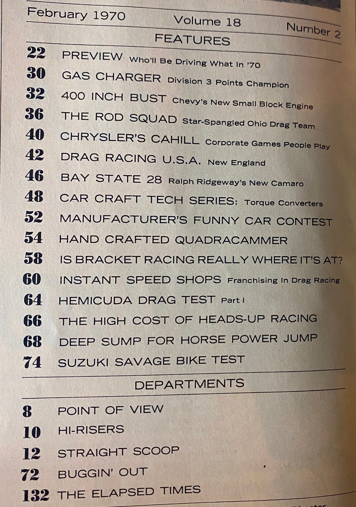 Table of contents for Car Craft Magazine February 1970 Vol 18 No 2 highlighting features like The Rod Squad and Chrysler's Cahill, along with various automotive articles.