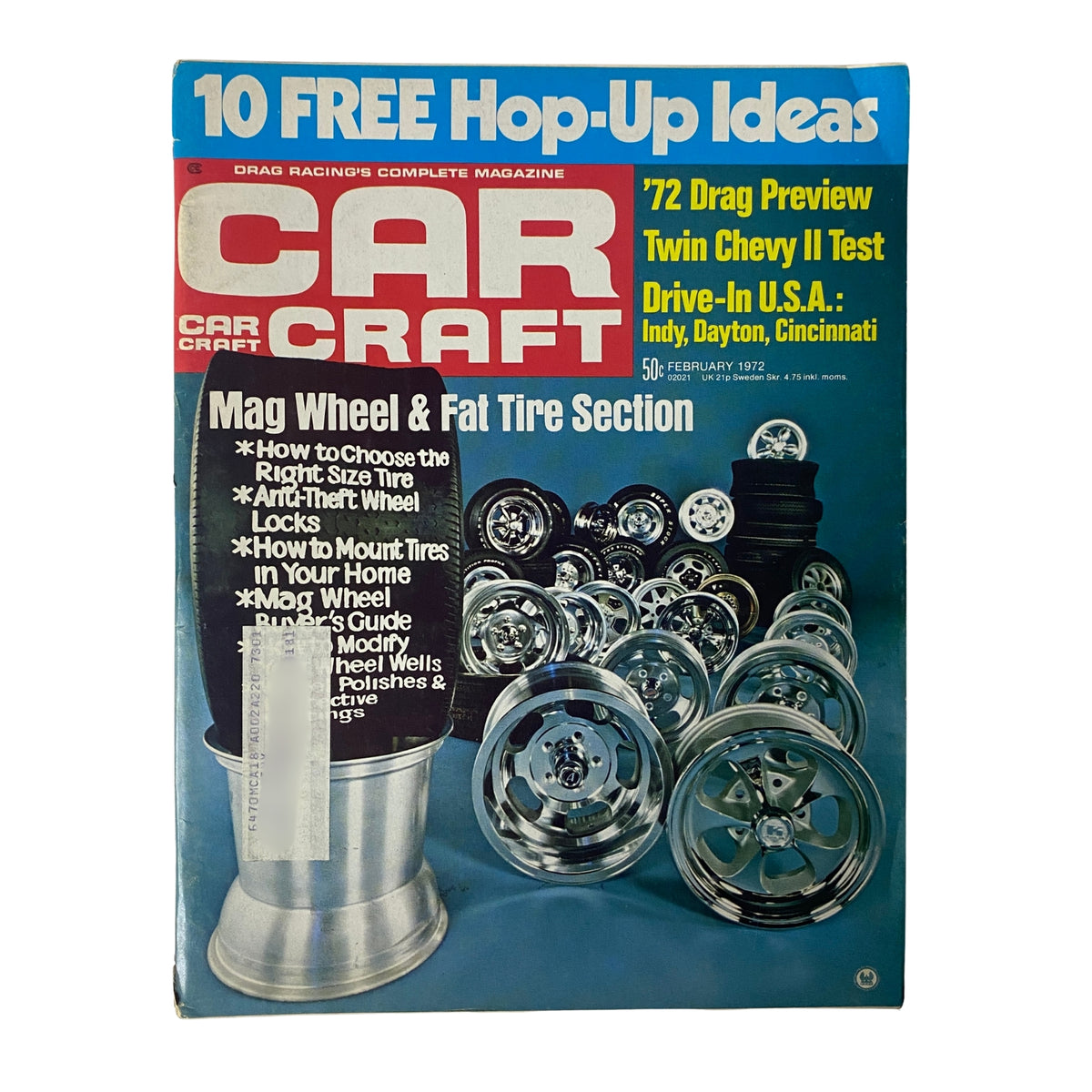Car Craft Magazine February 1972 Vol 20 No. 2 cover showcasing Mag Wheel & Fat Tire Section with highlighted features including '10 Free Hop-Up Ideas' and '72 Drag Racing Preview'.
