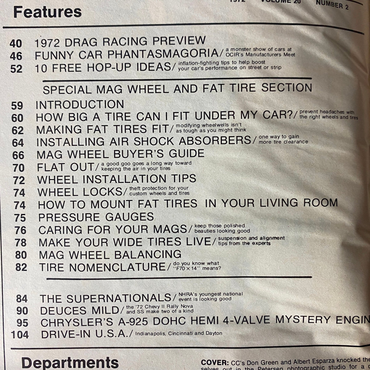 Interior pages of Car Craft Magazine February 1972 Vol 20 No. 2 featuring a table of contents highlighting articles such as '1972 Drag Racing Preview' and 'How to Mount Tires in Your Living Room'.