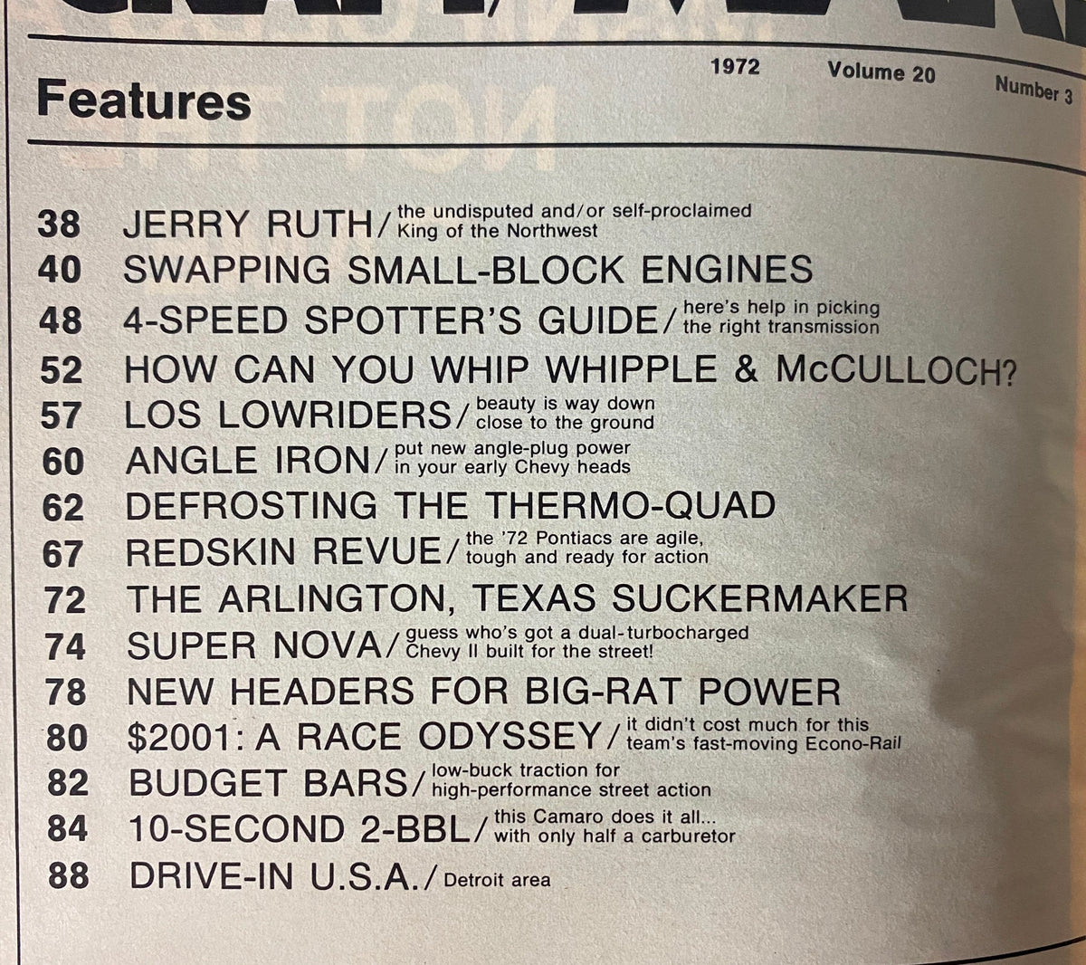 Table of contents from Car Craft Magazine March 1972, Volume 20, No. 3 listing features like Jerry Ruth, Swapping Small-Block Engines, and the Thermo-Quad article.
