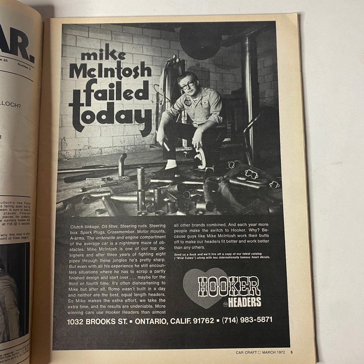 Advertisement in Car Craft Magazine March 1972, Volume 20, No. 3 featuring Mike McIntosh from Hooker Headers with tools and automotive parts.
