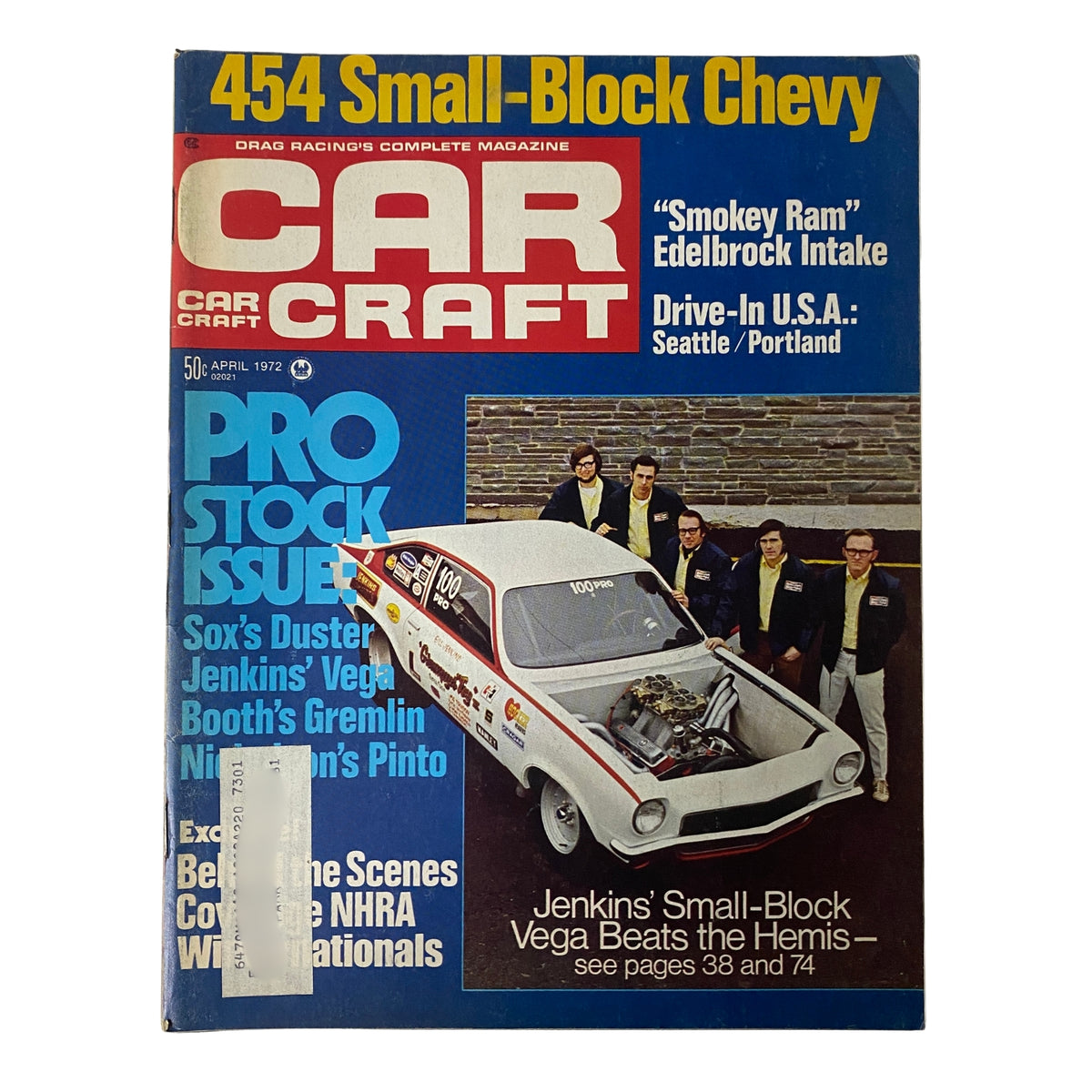 Car Craft Magazine April 1972 Vol 20 No. 4 The Pro Stock Scene featuring a cover image with a drag racing car, spotlighting Pro Stock racing, and including notable vehicles like Jenkins' Small-Block Vega. Perfect for vintage auto enthusiasts and collectors.