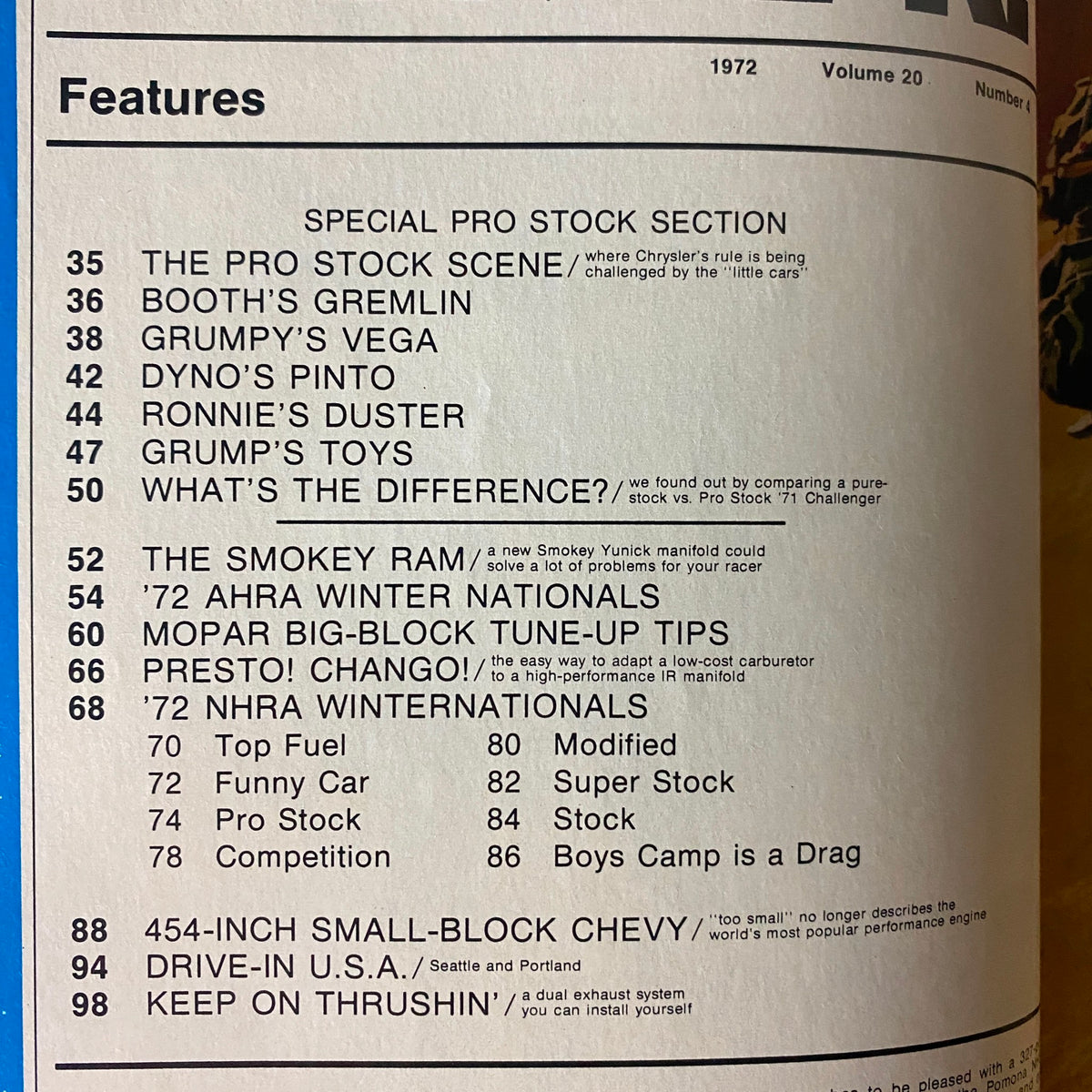 Table of contents and features from Car Craft Magazine April 1972 Vol 20 No. 4, showcasing articles on Pro Stock cars including 'The Pro Stock Scene', 'Booth’s Gremlin', 'Grumpy’s Vega', and tuning tips.