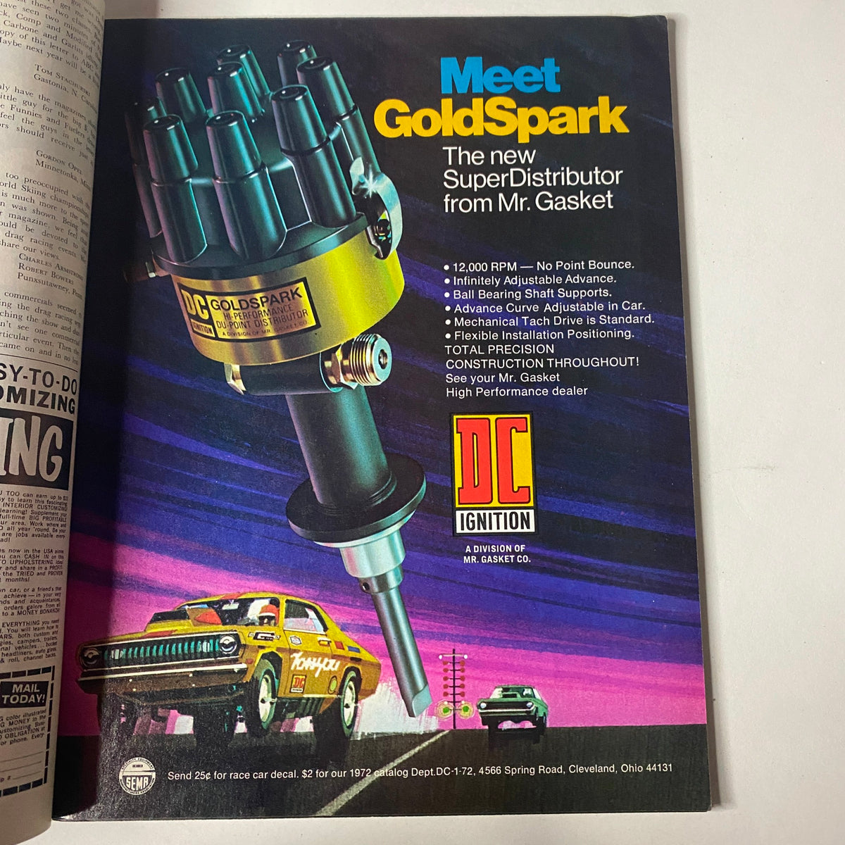 Advertisement for GoldSpark distributor from Mr. Gasket featured in Car Craft Magazine April 1972 Vol 20 No. 4, highlighting specifications and performance enhancements.
