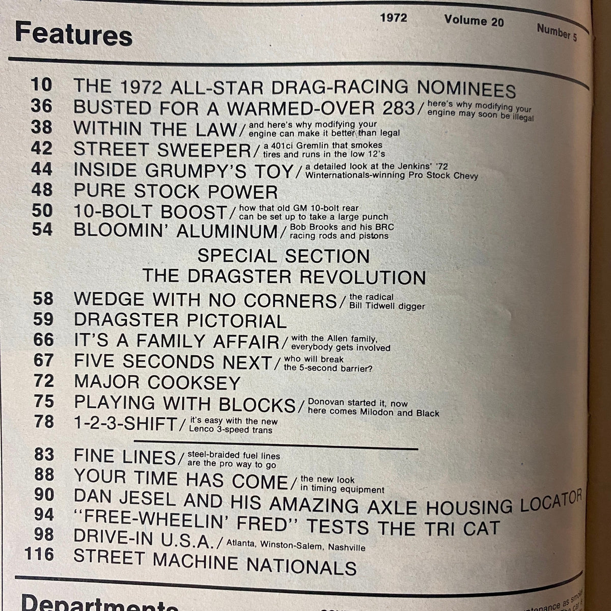 Car Craft Magazine May 1972 contents page listing features and articles including 'The 1972 All-Star Drag-Racing Nominees' and 'Inside Grumpy’s Toy'. Volume 20, No. 5.