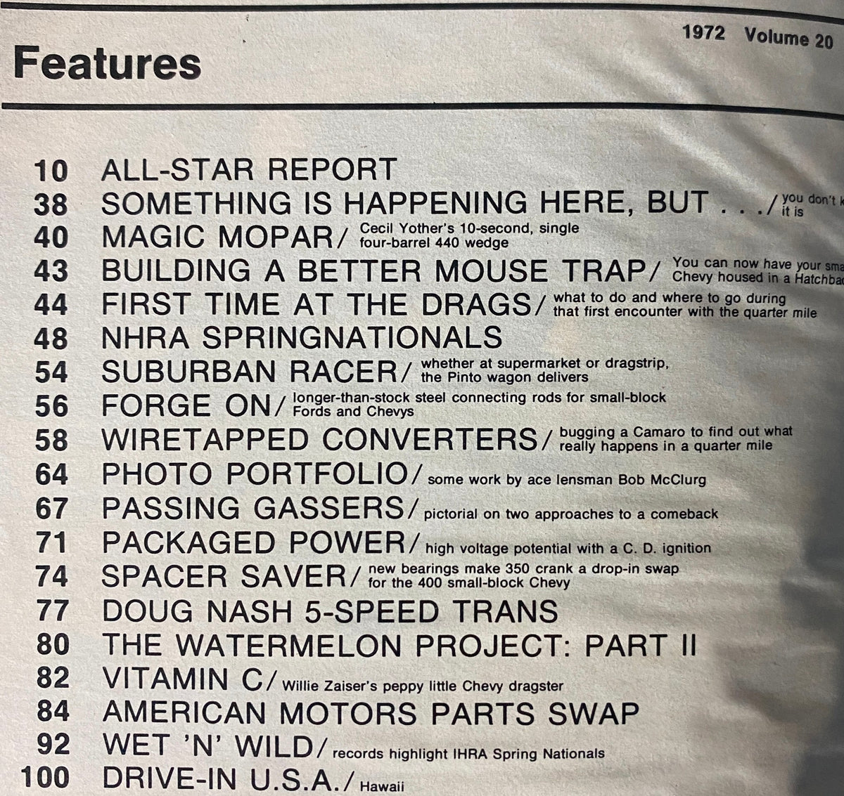 Table of contents from Car Craft Magazine September 1972, highlighting articles like All-Star Report, Magic Mopar, and Building a Better Mouse Trap.