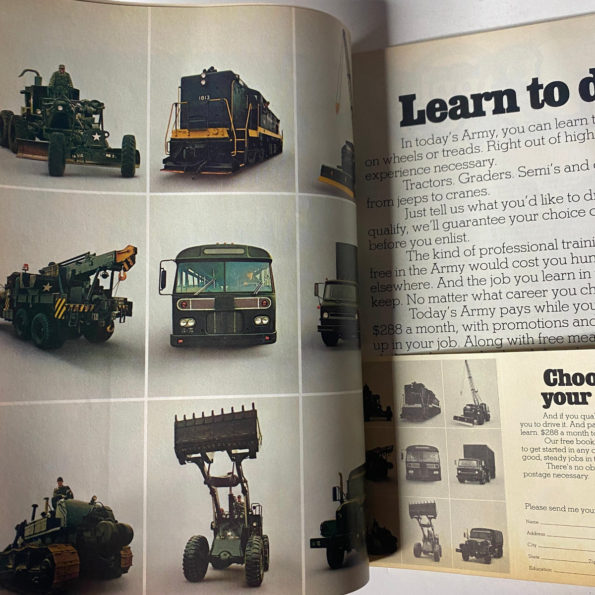 Page from Car Craft Magazine September 1972 focusing on military vehicles and career opportunities in today's Army.