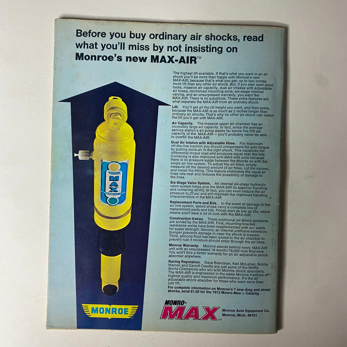 Advertisment in Car Craft Magazine September 1972 for Monroe's Max-Air air shocks, emphasizing their features and benefits.